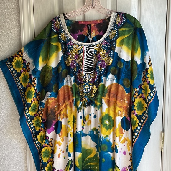 NWT AMERICAN LEISURE COLORFUL FLORAL PRINT CAFTAN ONE SIZE - Picture 7 of 9